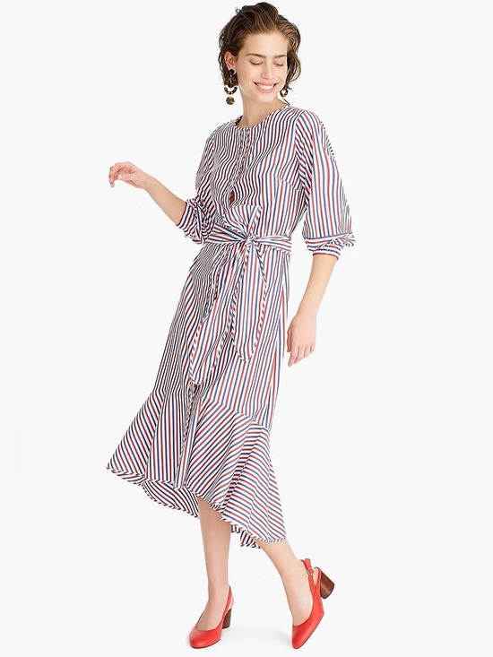 J. Crew Dresses & Skirts - J. Crew Striped Tie Waist Cotton Shirt Midi Dress Size 4 Blue Red White Casual